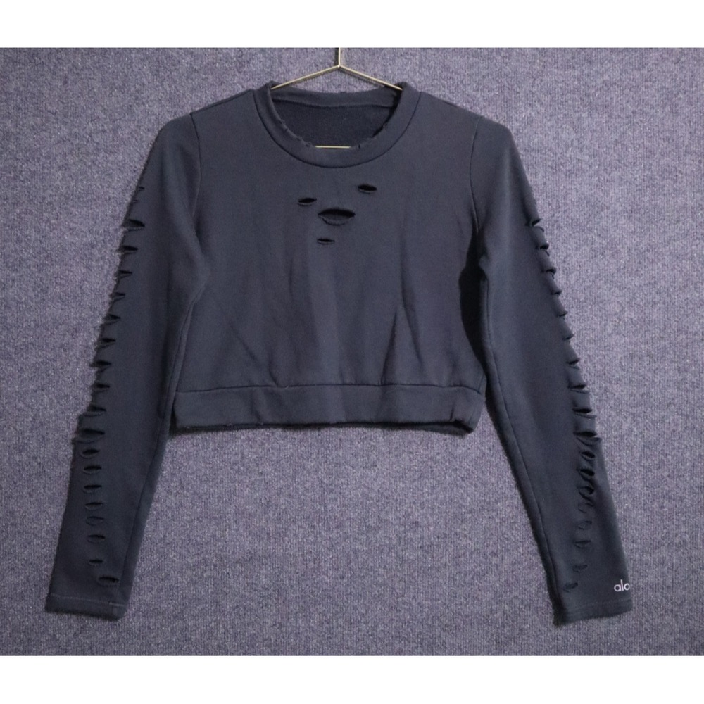 Alo Yoga Sweater Women Small Gray‎ Relaxed Fit Ripped Warrior Crop Crew LS EUC